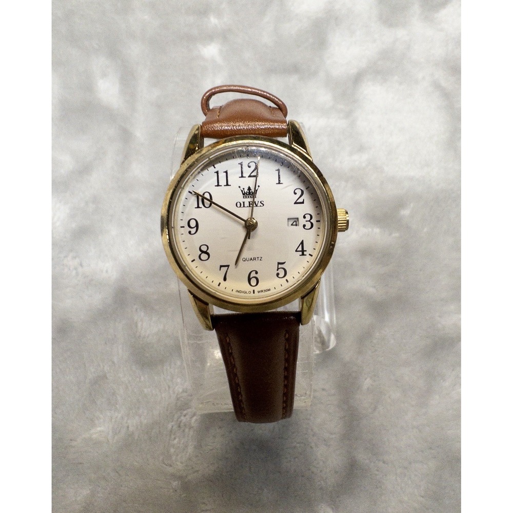 OLEVS Gold Brown Leather Band Stainless Steel Womens 28mm Wrist Watch New Batt